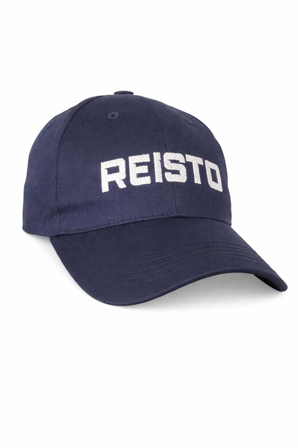 Navy blue cap with 'REISTO' logo on a white background