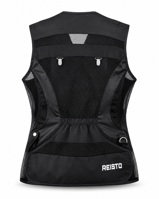 Black vest with mesh back and REISTO branding on a white background