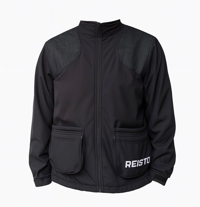 REISTO Softshell Shooting Jacket in black with reinforced shoulders, double deep pockets, and windproof design – ideal for clay pigeon shooting