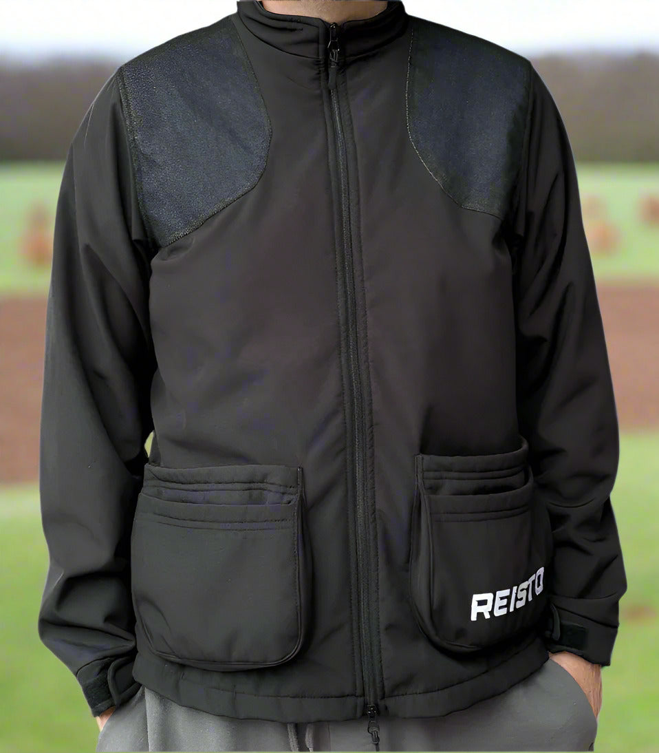 Front view of REISTO Softshell Shooting Jacket in black with reinforced shoulders and clean minimalist design