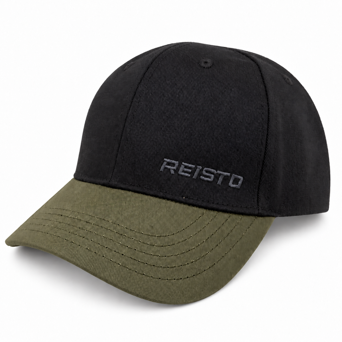 A structured baseball cap with a black crown and an olive green curved brim, featuring the brand name 'REISTO' embroidered in gray on the front panel.