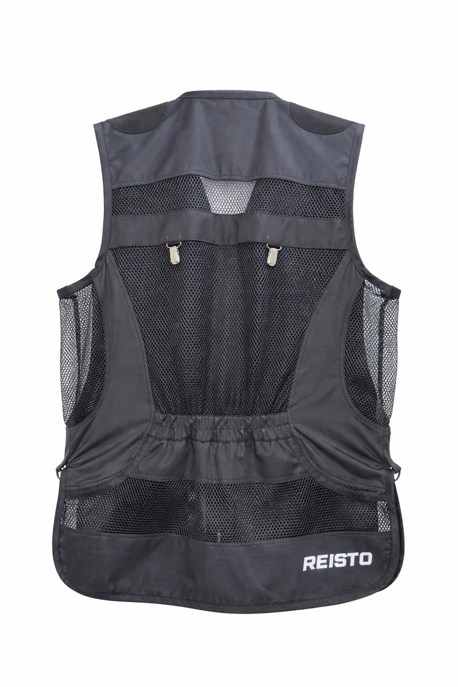 Rear view of The Stealthy One black shooting vest showing its panel layout and rear storage pocket.