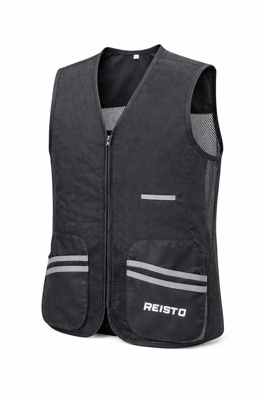 Angled front view of The Stealthy One black shooting vest showing shoulder panels, card pocket and cartridge pockets.