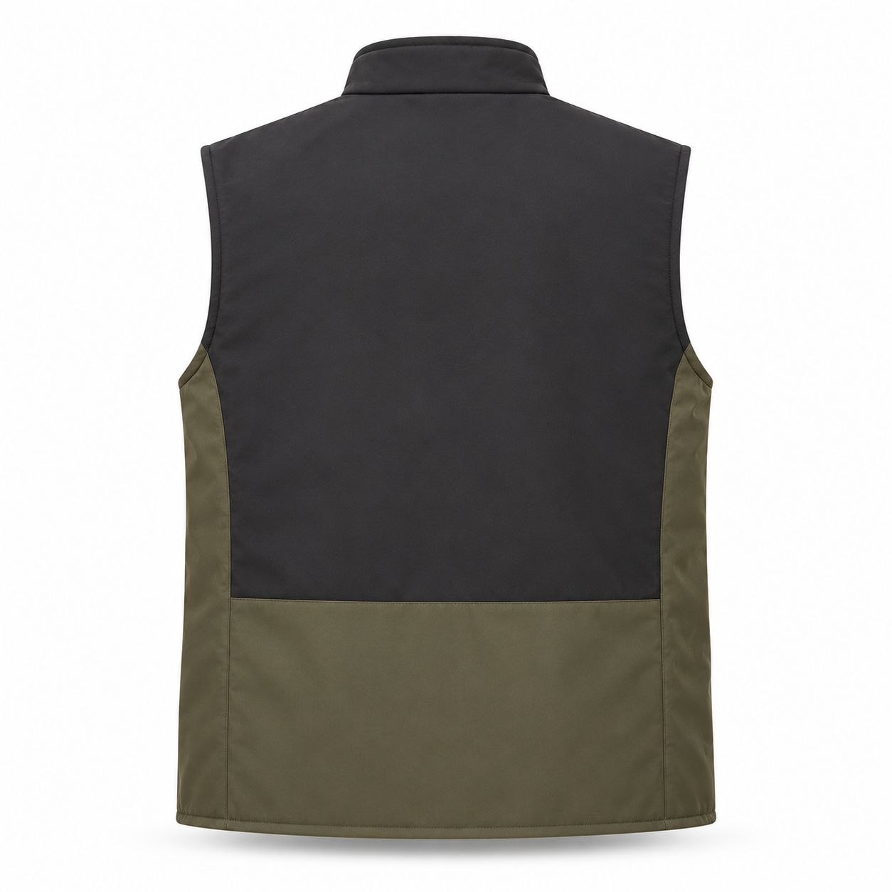 A sleeveless utility vest shown from the back, featuring a solid black upper back panel and a lower back panel in olive green, set against a plain white background.