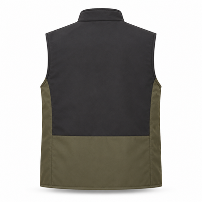 A sleeveless utility vest shown from the back, featuring a solid black upper back panel and a lower back panel in olive green, set against a plain white background.