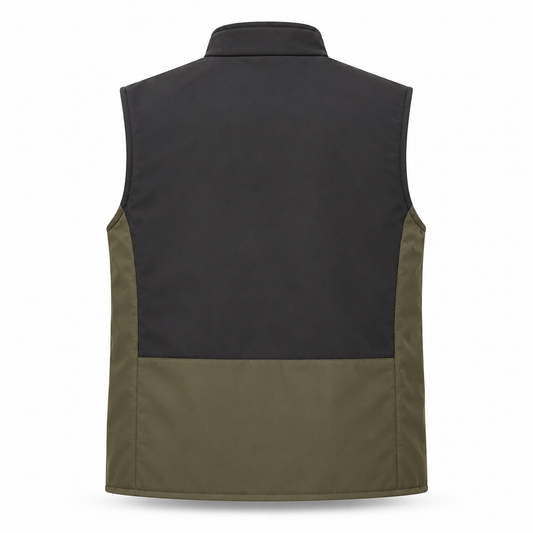 A sleeveless utility vest shown from the back, featuring a solid black upper back panel and a lower back panel in olive green, set against a plain white background.