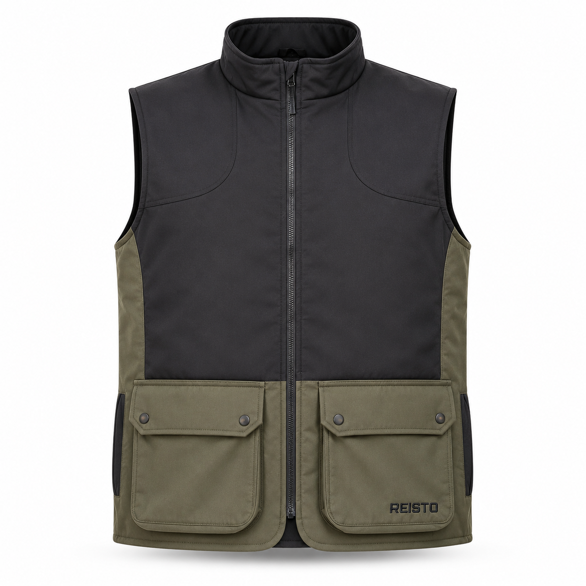 A Reisto outdoor vest with a black upper body and olive green lower body and pocket sections, featuring a front zipper and two large front flap pockets.