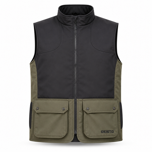 A Reisto outdoor vest with a black upper body and olive green lower body and pocket sections, featuring a front zipper and two large front flap pockets.