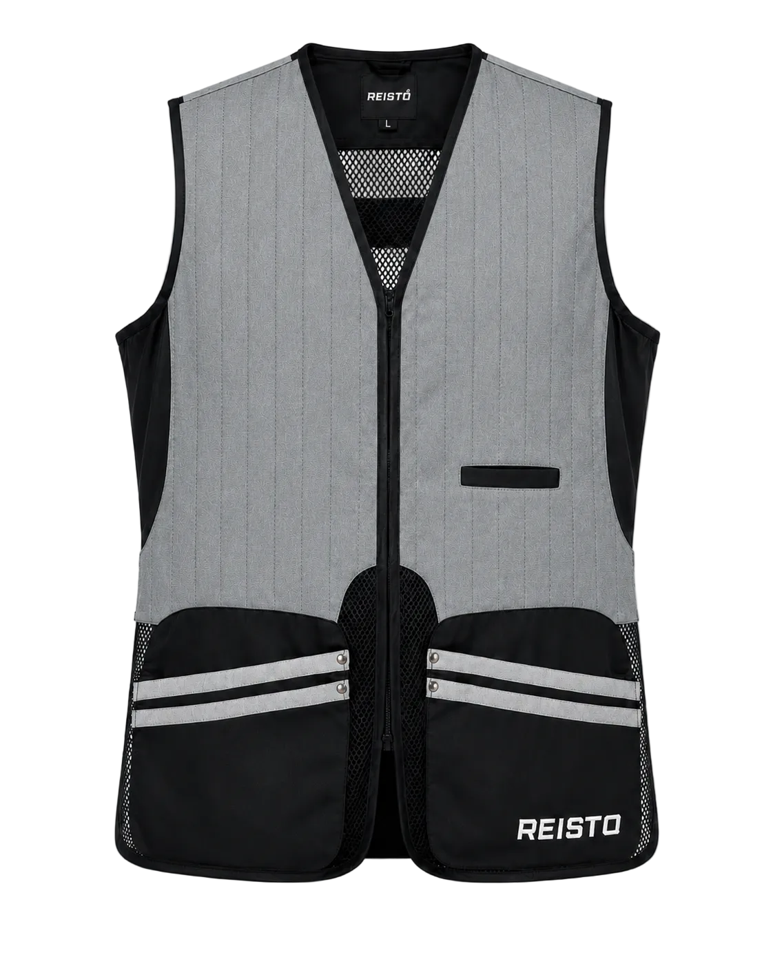 Gray and black safety vest with stripes on a white background, featuring the brand 'REISTO'.