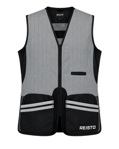 Gray and black safety vest with stripes on a white background, featuring the brand 'REISTO'.