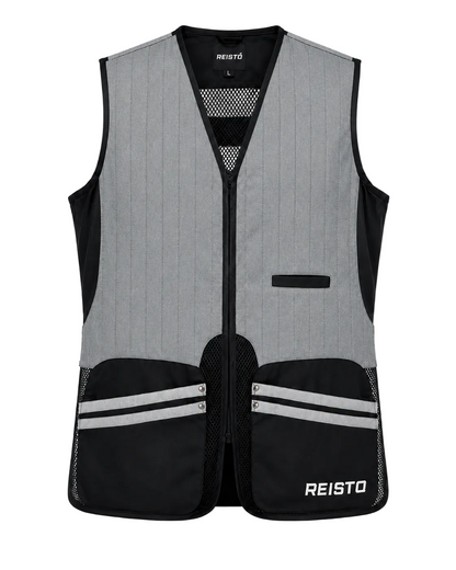 Gray and black safety vest with stripes on a white background, featuring the brand 'REISTO'.