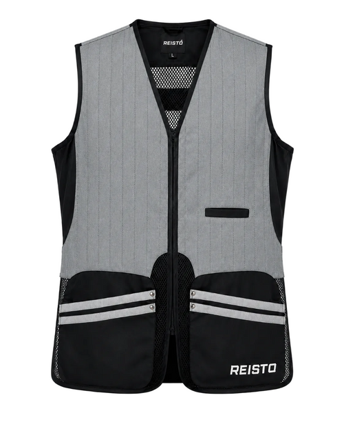 Gray and black safety vest with stripes on a white background, featuring the brand 'REISTO'.