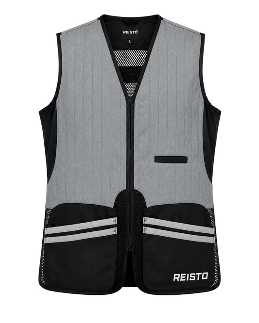 Gray and black safety vest with stripes on a white background, featuring the brand 'REISTO'.
