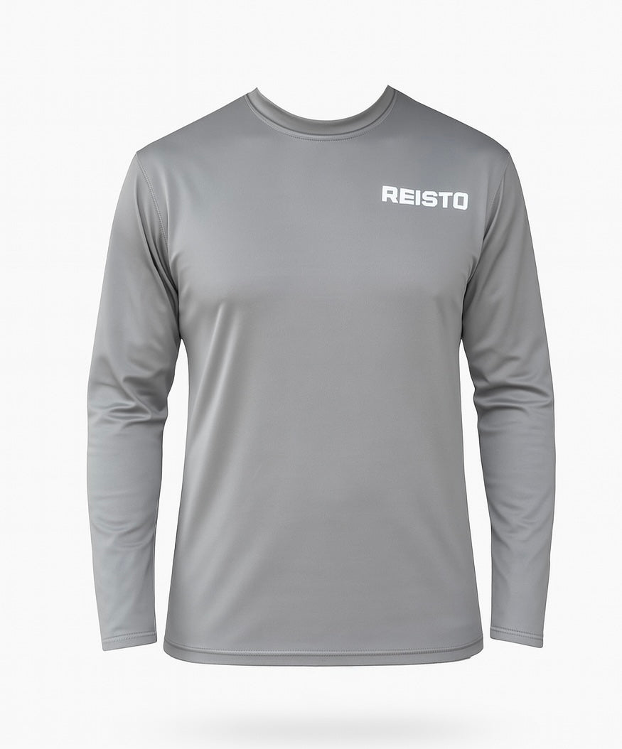 Front view of grey REISTO® long-sleeve base layer on a white background