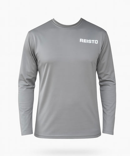 Front view of grey REISTO® long-sleeve base layer on a white background