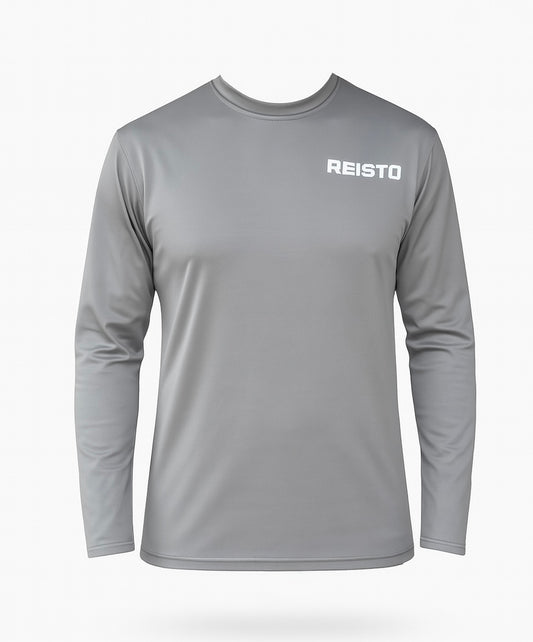 Front view of grey REISTO® long-sleeve base layer on a white background