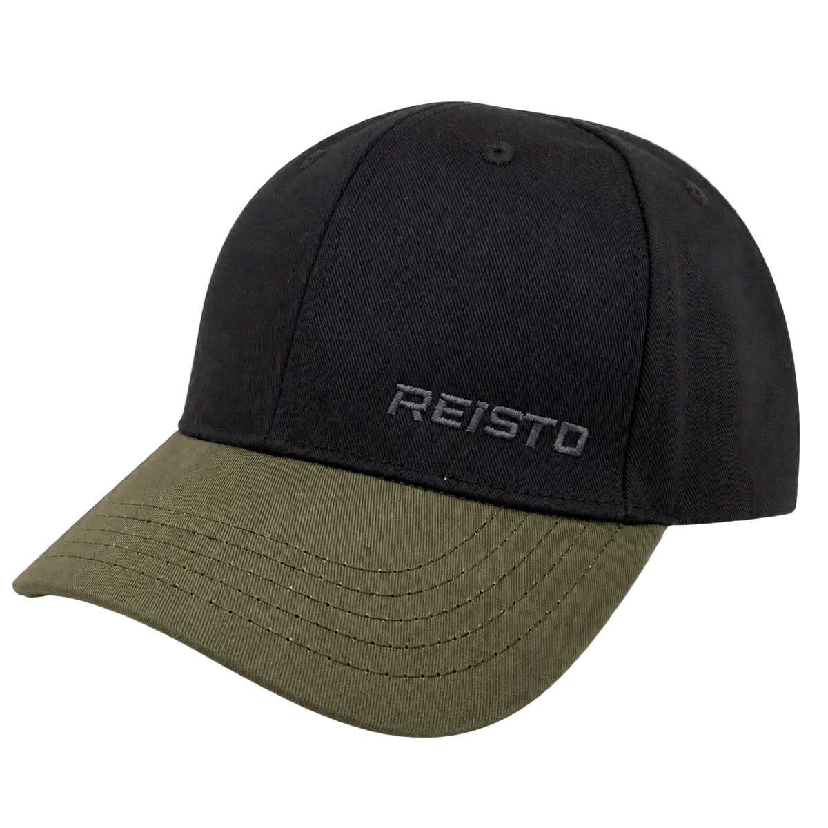 A structured baseball cap with a black crown and an olive green curved brim, featuring the brand name 'REISTO' embroidered in gray on the front panel.