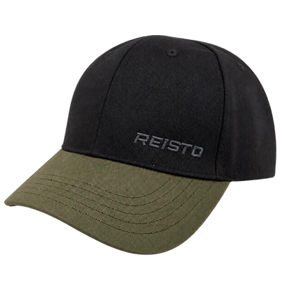 A structured baseball cap with a black crown and an olive green curved brim, featuring the brand name 'REISTO' embroidered in gray on the front panel.