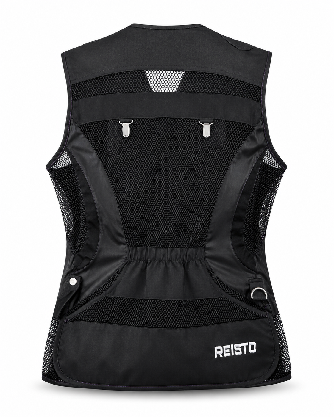 Black vest with mesh back and REISTO branding on a white background