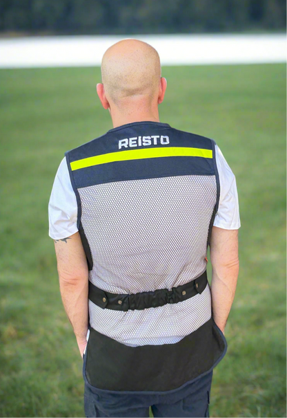 Reisto Skeet Vest Blue and Black Back with person