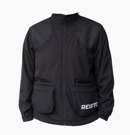REISTO Softshell Shooting Jacket in black with reinforced shoulders, double deep pockets, and windproof design – ideal for clay pigeon shooting