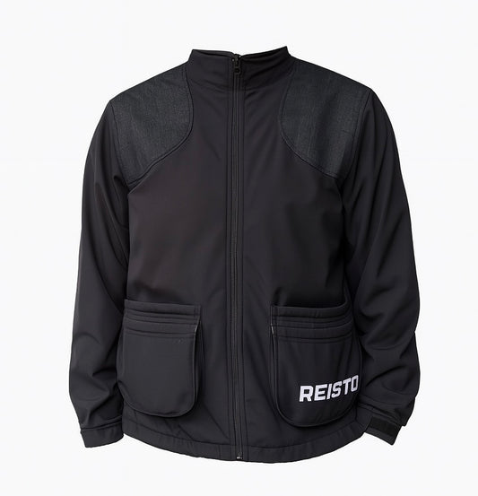 REISTO Softshell Shooting Jacket in black with reinforced shoulders, double deep pockets, and windproof design – ideal for clay pigeon shooting