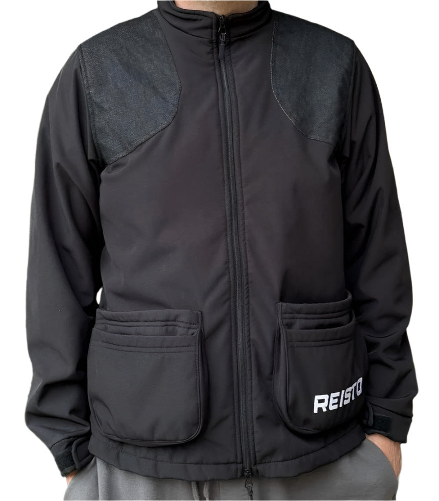 Front view of REISTO Softshell Shooting Jacket in black with reinforced shoulders and clean minimalist design