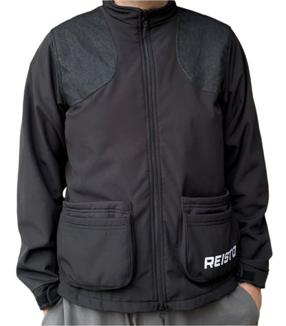 Front view of REISTO Softshell Shooting Jacket in black with reinforced shoulders and clean minimalist design