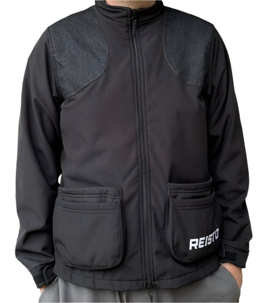Front view of REISTO Softshell Shooting Jacket in black with reinforced shoulders and clean minimalist design