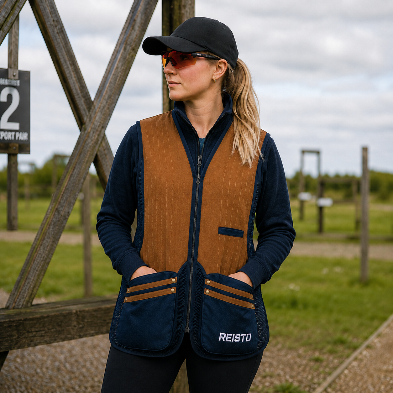 Women wearing Reisto Tan Navy shooting veest